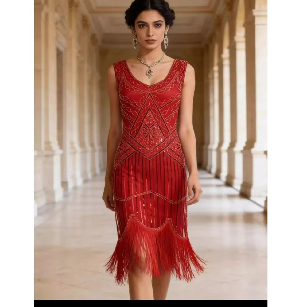 NWT Fundaisy 7pc Roaring 20's Great Gatsby Red Fringe dress & Accessories Sz Med